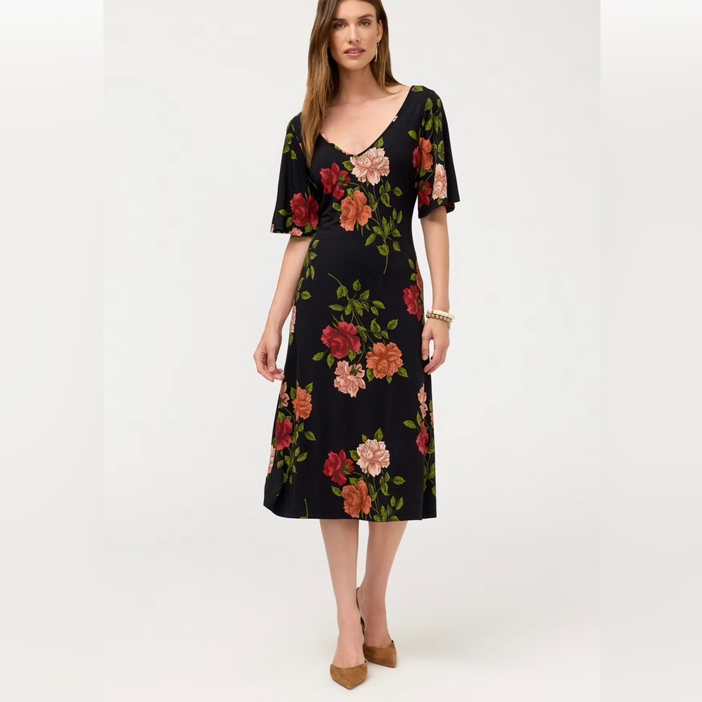 Johnny Was Floral Midi Dress - Black with Red & Blush Roses Print. XXL. NWT.